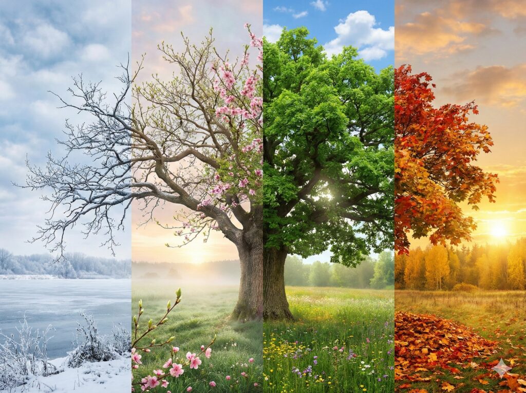Nano Banana Prompt - Show the changes of the same scene changes in four seasons