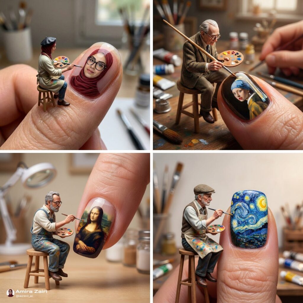 A super interesting prompt for nail artists: Tiny painters on nails