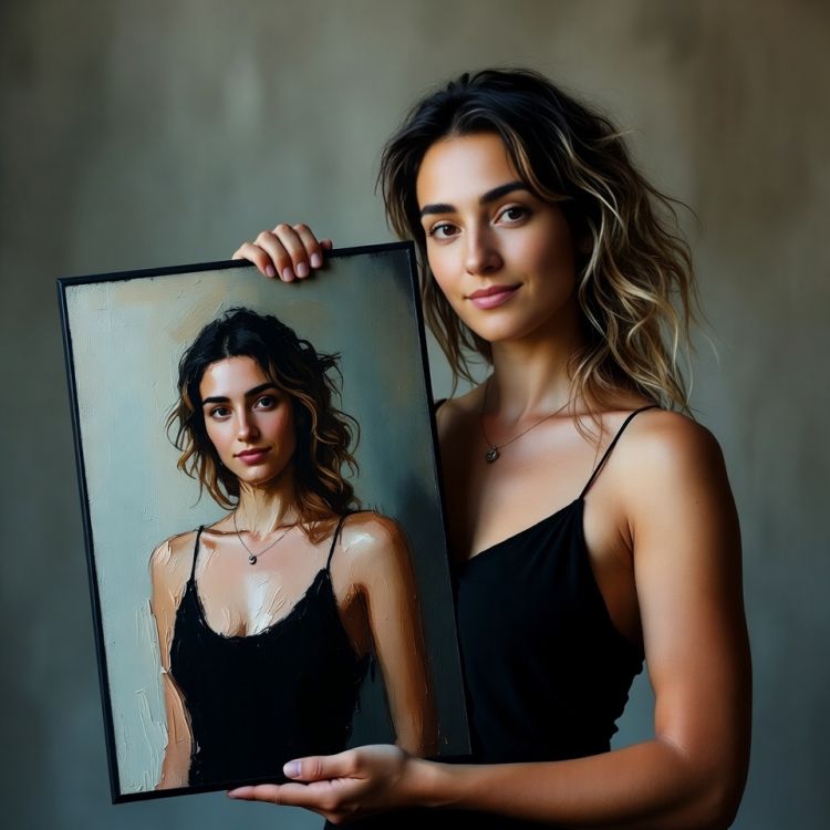 Portrait Holding Artwork Prompt for Studio-Style AI Images