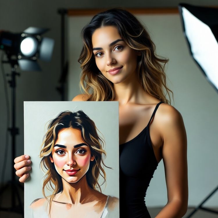 Portrait Holding Artwork Prompt for Studio-Style AI Images