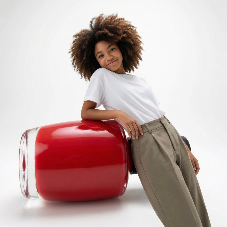 Oversized Product Photography AI Prompt: Playful Studio Shoot with Model and Hero Prop