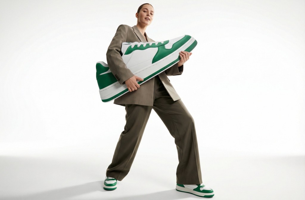 Oversized Product Photography AI Prompt: Playful Studio Shoot with Model and Hero Prop