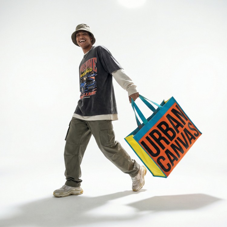 Oversized Product Photography AI Prompt: Playful Studio Shoot with Model and Hero Prop