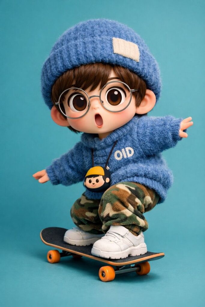 Chibi 3D Character Render Prompt for Stylized Skateboarding Boy