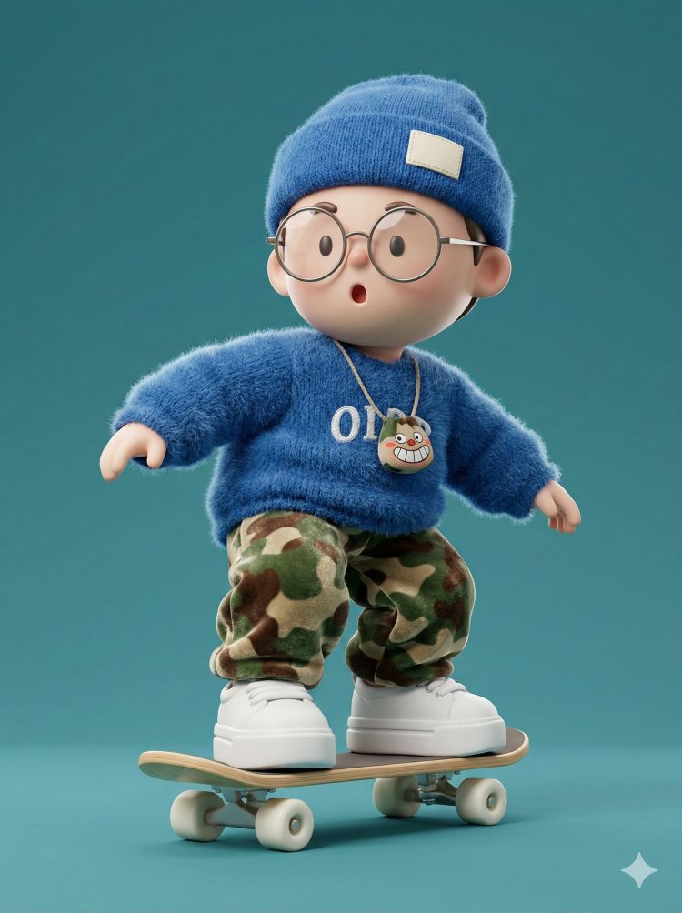 Chibi 3D Character Render Prompt for Stylized Skateboarding Boy