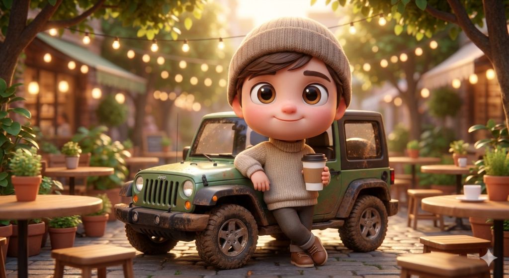 3D Chibi Character and Jeep Lifestyle Illustration Prompt