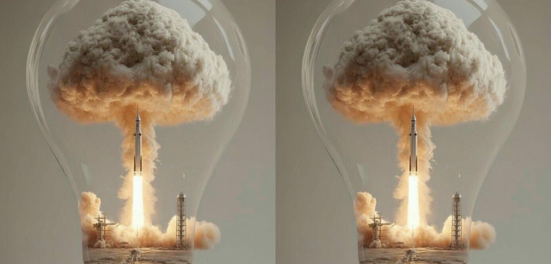 Surreal Rocket Launch Inside a Glass Lightbulb