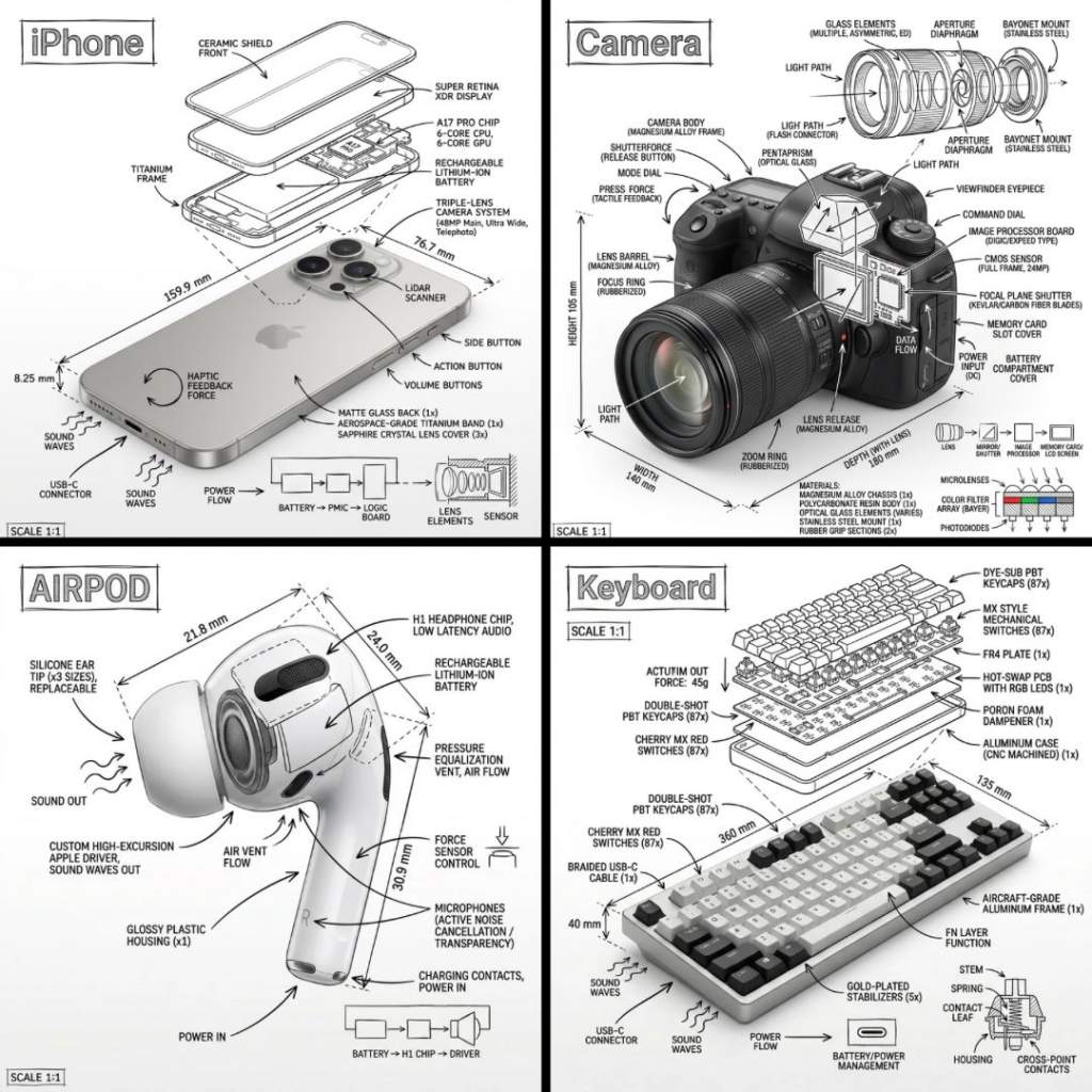Realistic Object Infographic AI Prompt: Technical Sketch & Explosion View