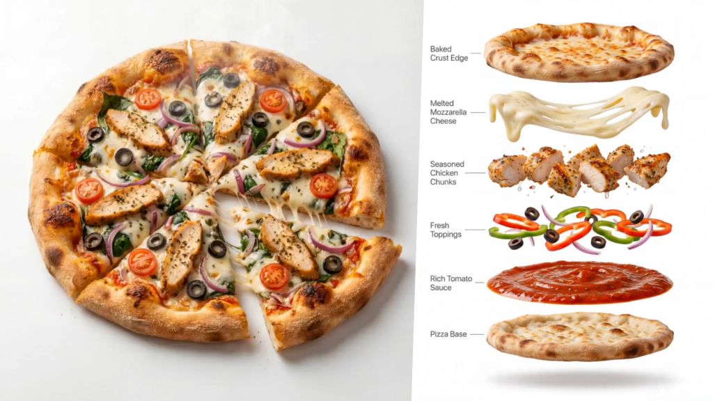Gourmet Chicken Pizza Exploded Infographic Motion Prompt