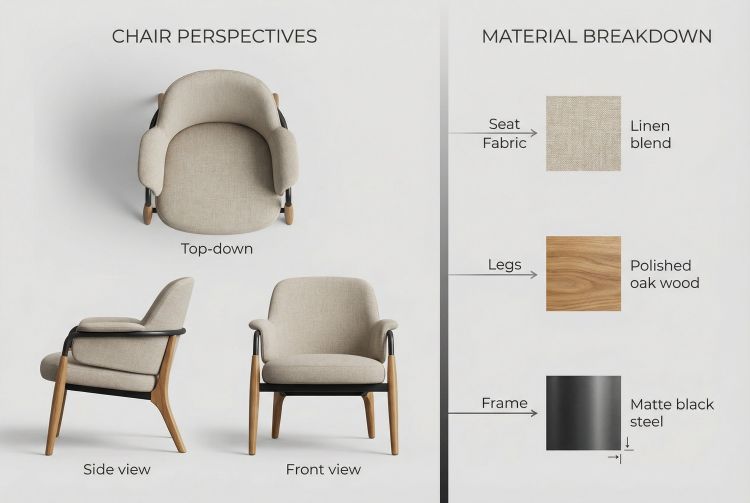 Chair Product Showcase Prompt – Multi-View Realistic Render with Material Breakdown