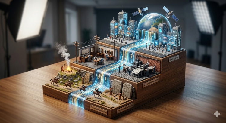 A 3-step wooden staircase diorama illustrating the historical evolution of a subject across three technological eras.