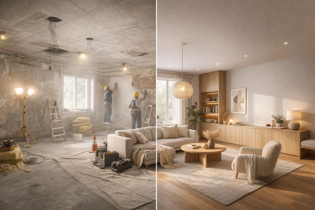 A professional renovation transformation prompt preserving room layout while transitioning from construction to a finished luxury interior.