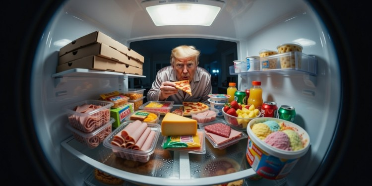 A cinematic fridge raid portrait prompt example showing a subject looking into a cold LED lit refrigerator.