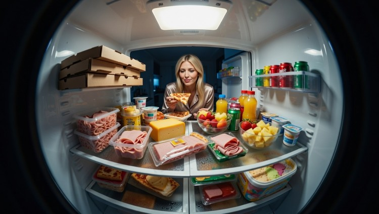 A cinematic fridge raid portrait prompt example showing a subject looking into a cold LED lit refrigerator.