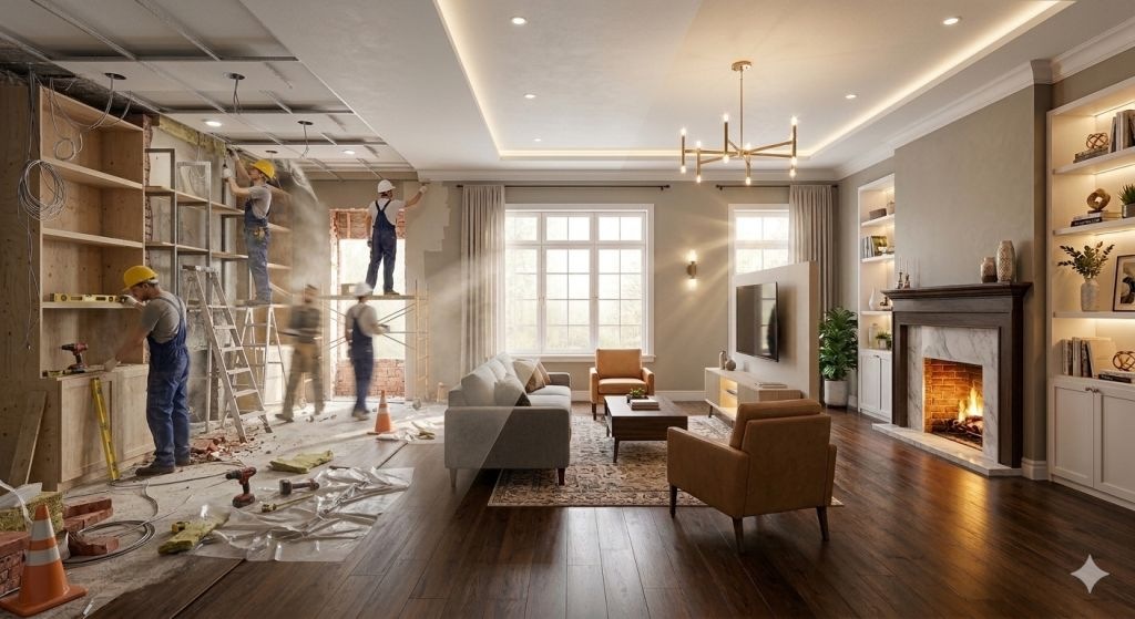 A professional renovation transformation prompt preserving room layout while transitioning from construction to a finished luxury interior.