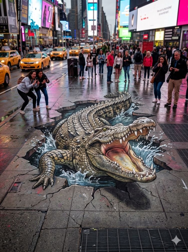 Anamorphic Street Art: Hyper-Realistic 3D Pavement Chalk Illusion
