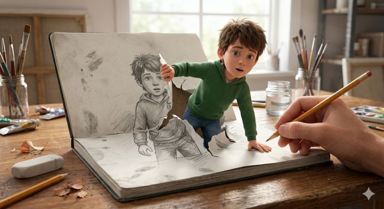 A cinematic 3D illustration of a character emerging from a sketchbook with realistic torn paper effects and artist studio lighting.