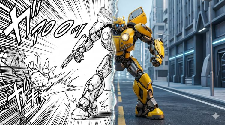 A surreal split-dimension transformation prompt example showing a character stepping from a manga panel into reality.