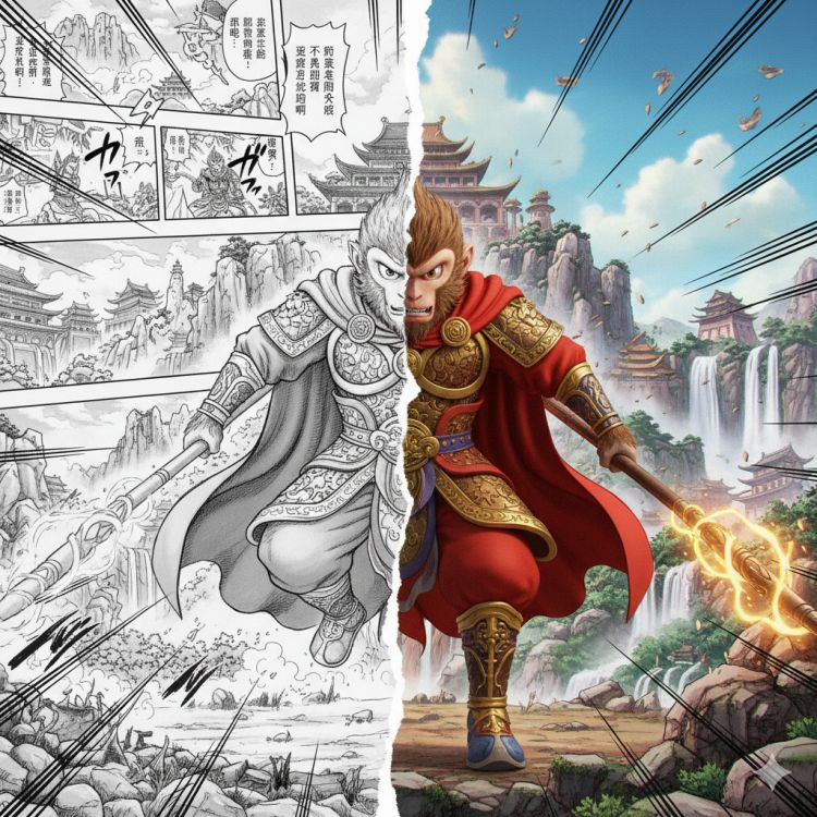 A surreal split-dimension transformation prompt example showing a character stepping from a manga panel into reality.