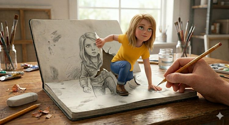 A cinematic 3D illustration of a character emerging from a sketchbook with realistic torn paper effects and artist studio lighting.