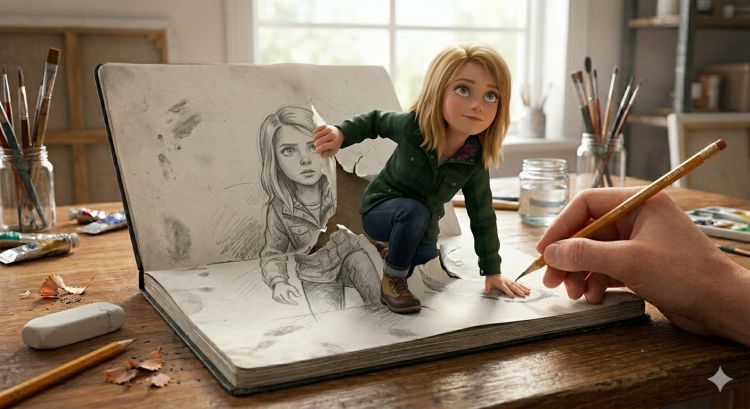 A cinematic 3D illustration of a character emerging from a sketchbook with realistic torn paper effects and artist studio lighting.
