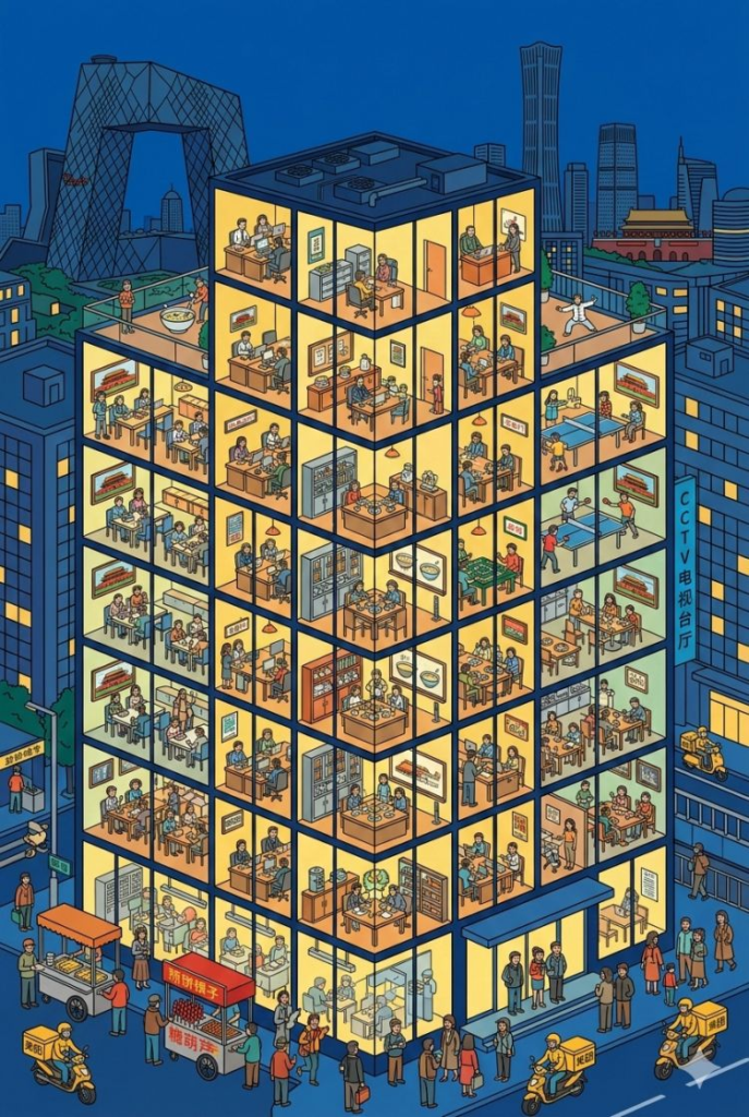 A hyper-detailed wimmelbilderbuch style cutaway illustration of a bustling multi-story office building at night.