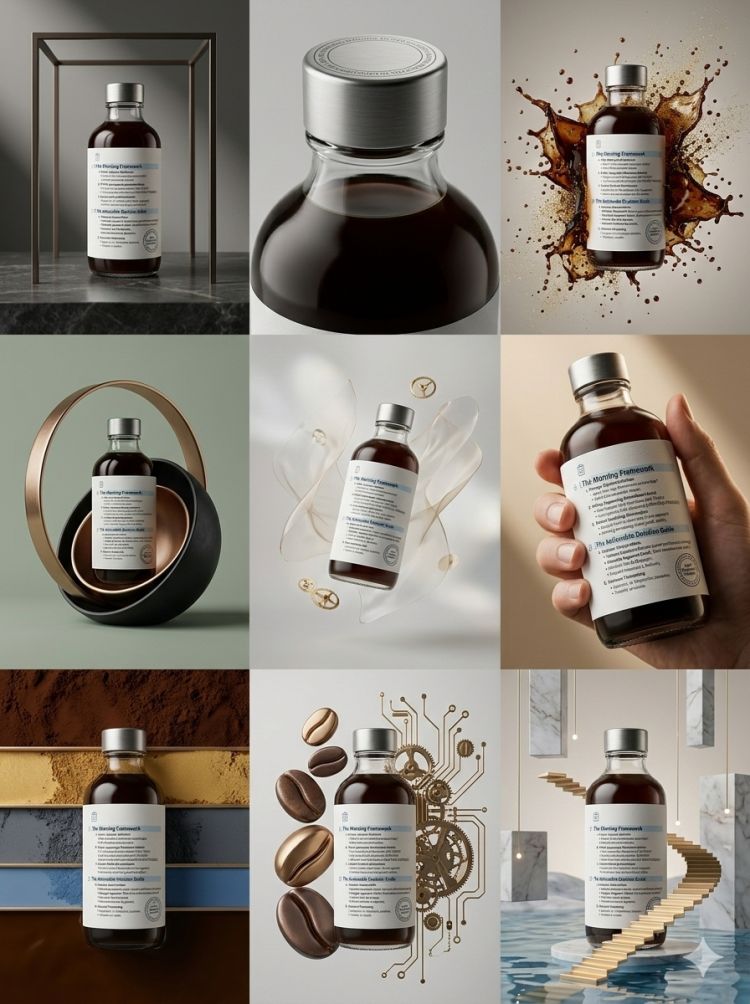 A professional 3x3 product marketing grid layout showing consistent branding and luxury studio lighting for advertising.