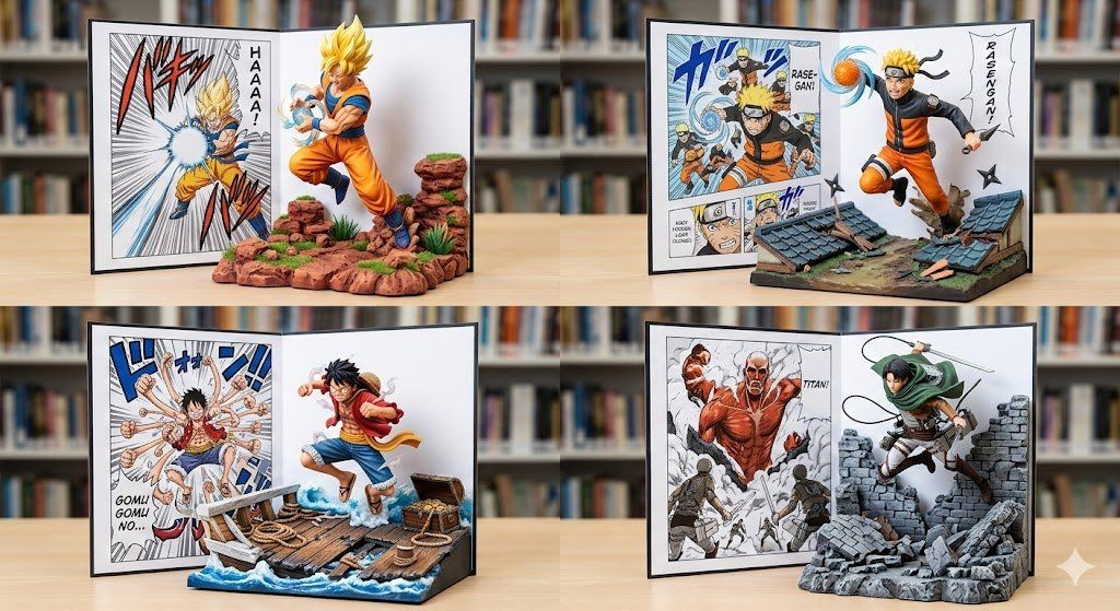 Manga Pop-Up Prompt: 2x2 Grid with 3D Character Breakout