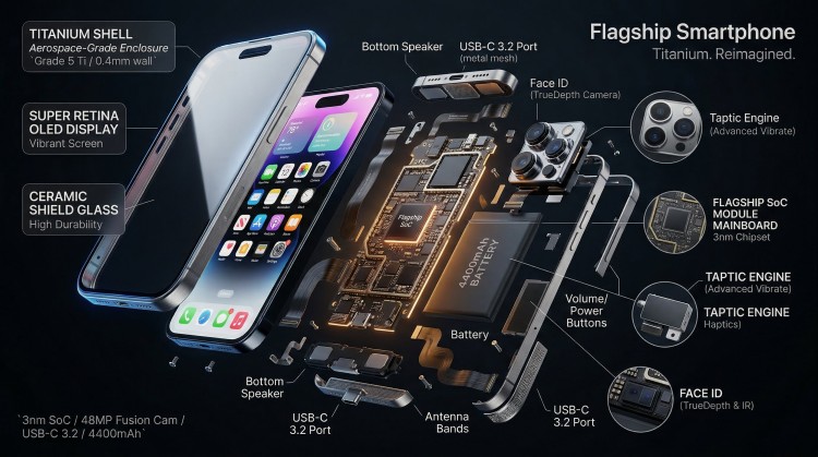 A 3D radial exploded diagram of a smartphone showing internal components, sensors, and hardware in a professional teardown style.