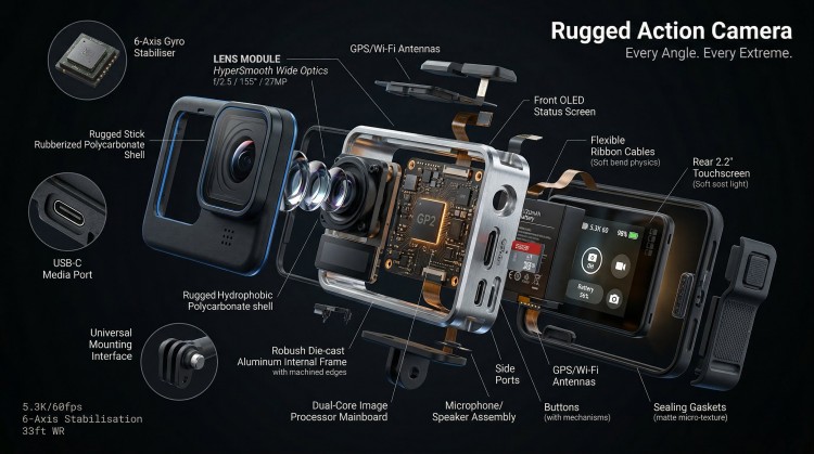 A 3D radial exploded diagram of a smartphone showing internal components, sensors, and hardware in a professional teardown style.