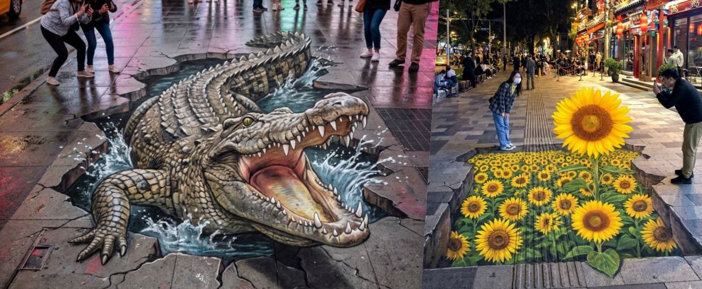 Anamorphic Street Art: Hyper-Realistic 3D Pavement Chalk Illusion