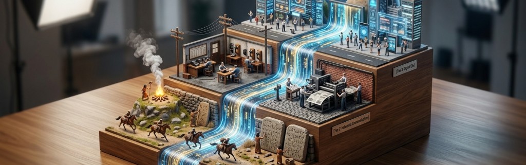 A 3-step wooden staircase diorama illustrating the historical evolution of a subject across three technological eras.