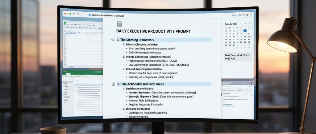 A digital workspace displaying the executive productivity prompt structure for daily planning and professional decision-making.