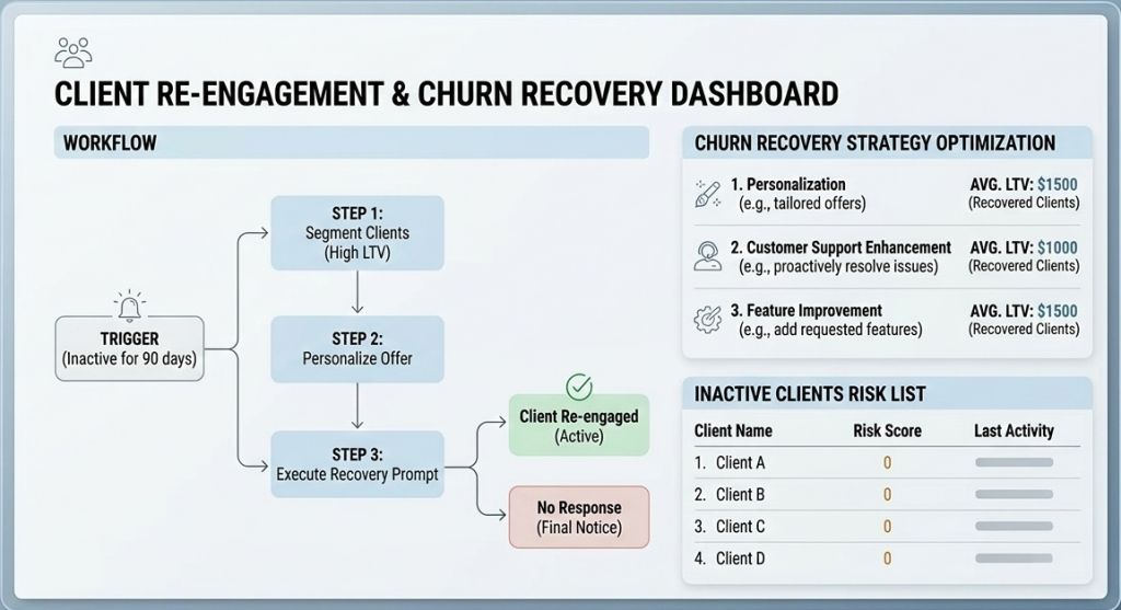 B2B customer success dashboard illustrating a SaaS churn recovery prompt sequence for reactivating inactive enterprise accounts.