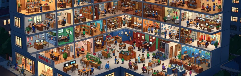 Ultra-Dense Office Wimmelbilderbuch Style Cutaway Prompt