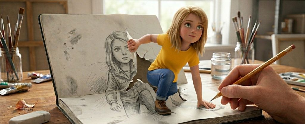 3D Character Sketchbook Emergence Prompt for Cinematic Art