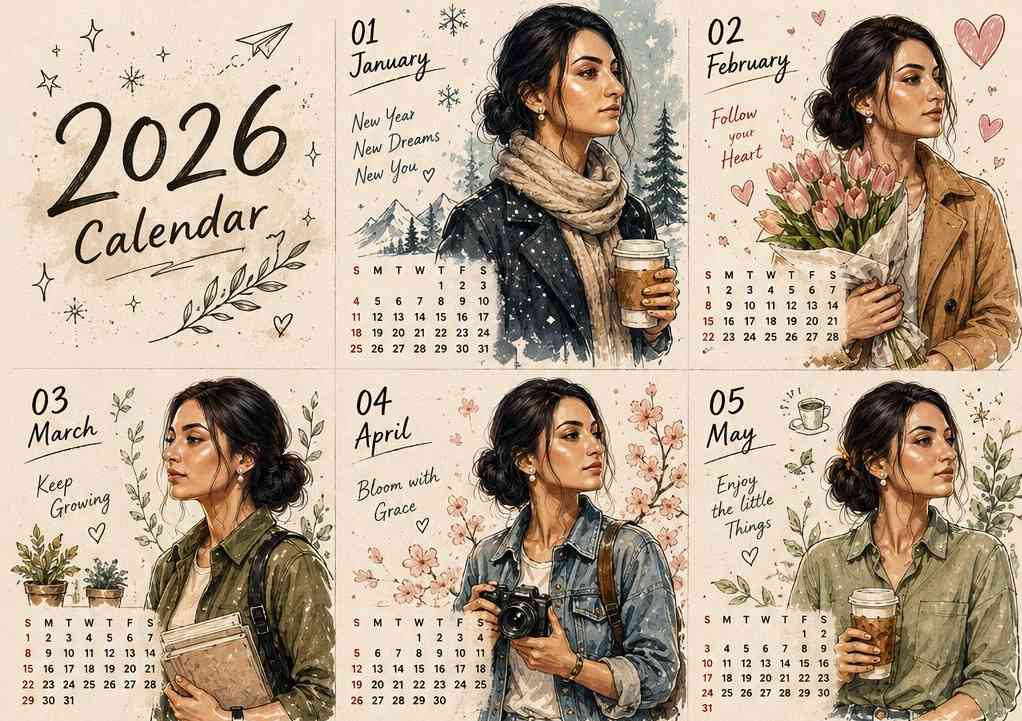 A 12-panel vertical grid sketchbook layout engineered via an illustrated calendar poster prompt featuring a recurring character in monthly watercolor settings