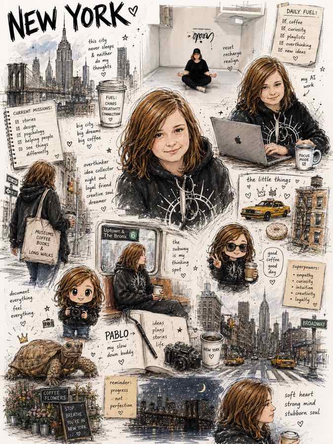 Sketchbook character prompt page with city persona sketches, doodles, face studies, and handwritten notes