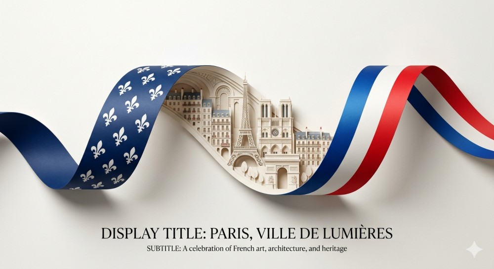 A minimalist modular template featuring a customizable tricolor ribbon opening into miniature 3D papercraft regional landmarks.