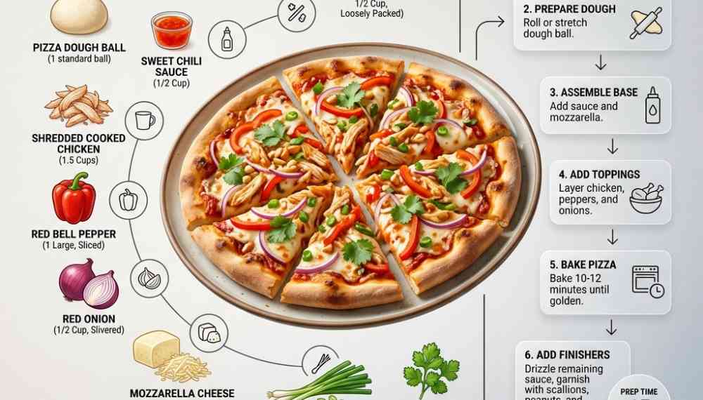 editorial recipe infographic template featuring a plated pizza with ingredient icons, cooking steps, glassmorphism panels, and information badges