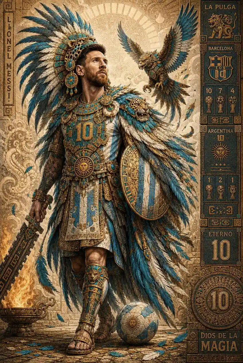 Lionel Messi Aztec footballer poster prompt example with Argentina colors, number 10 armor, eagle spirit, and codex panel