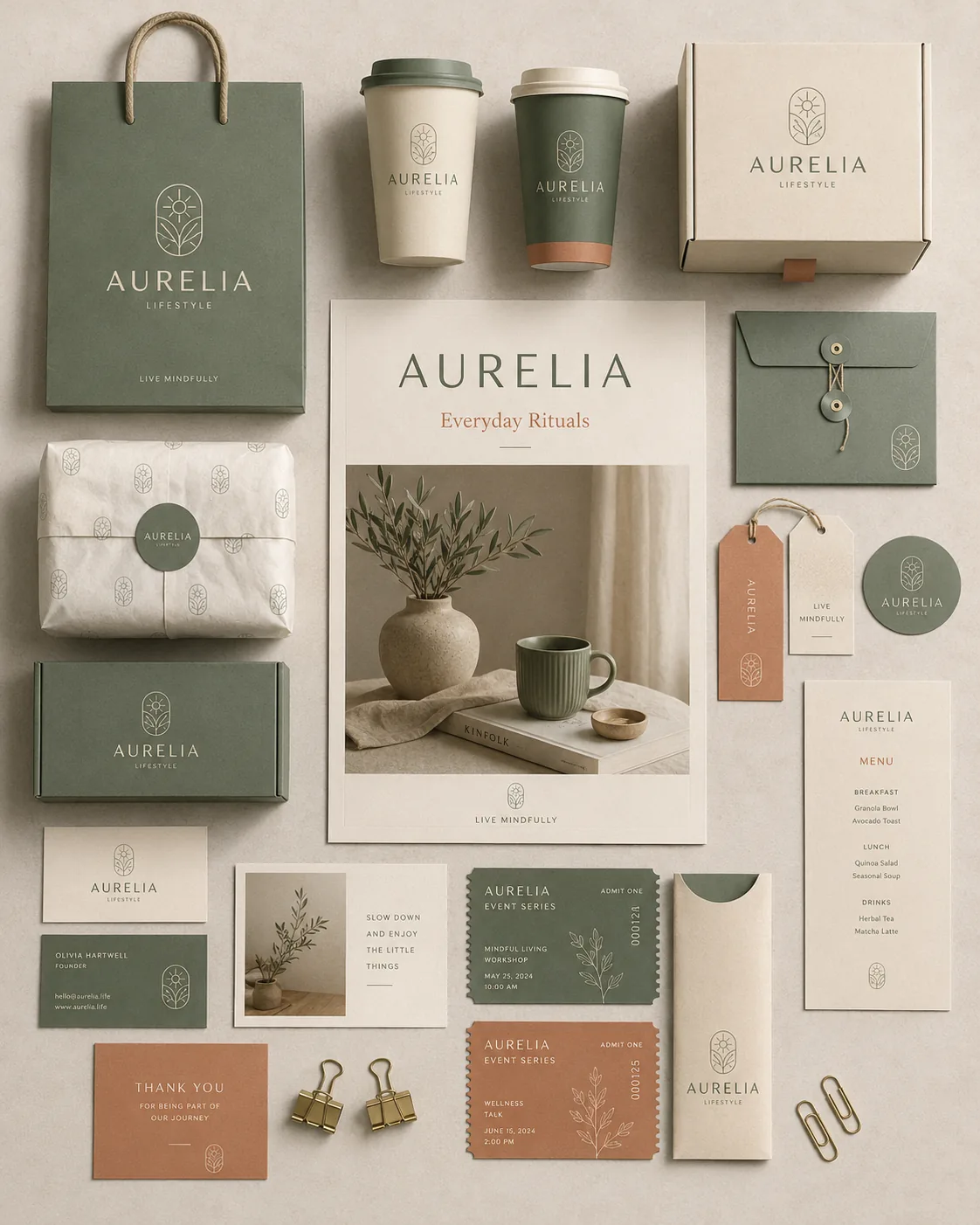 ChatGPT branding flat lay mockup prompt example showing Aurelia packaging stationery cups tags and poster arranged overhead