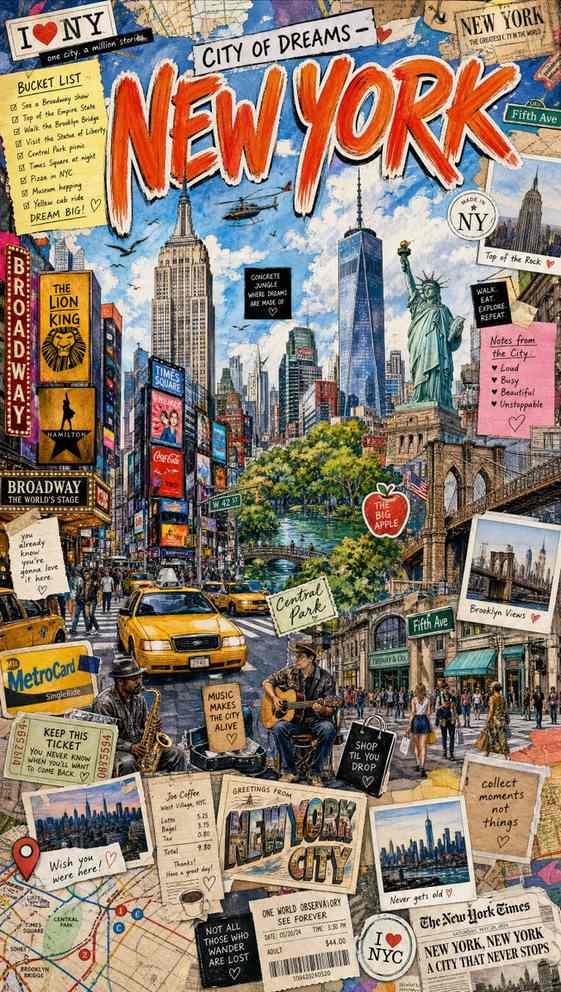Scrapbook travel poster prompt examples with hand-drawn city collages, native titles, tickets, maps, and stickers.