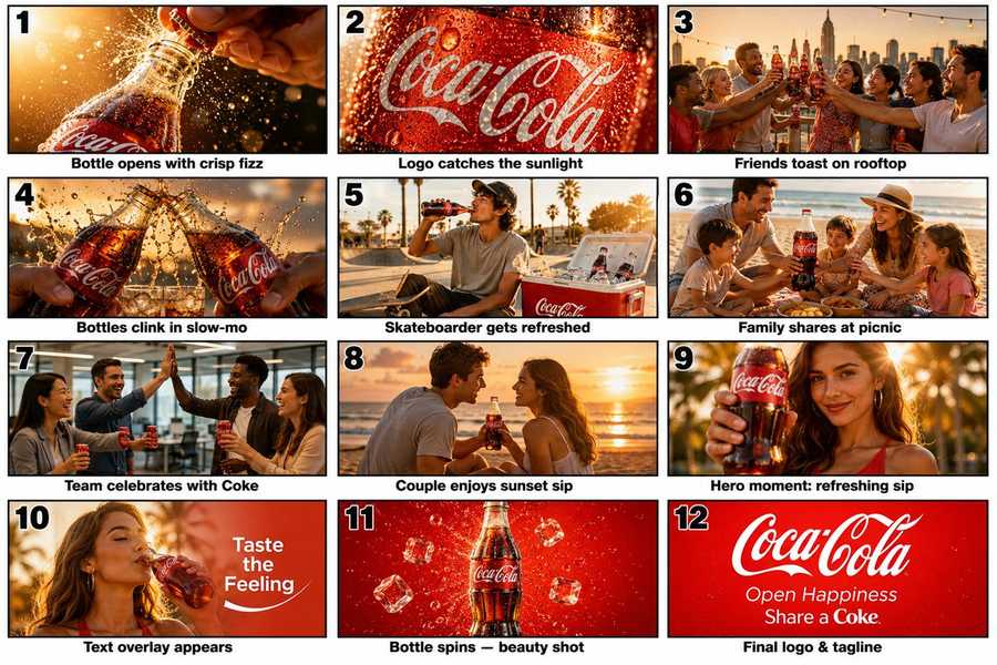 GPT Image 2 Seedance workflow storyboard grid with bottle macros, party scenes, hero shots, and a red end card.
