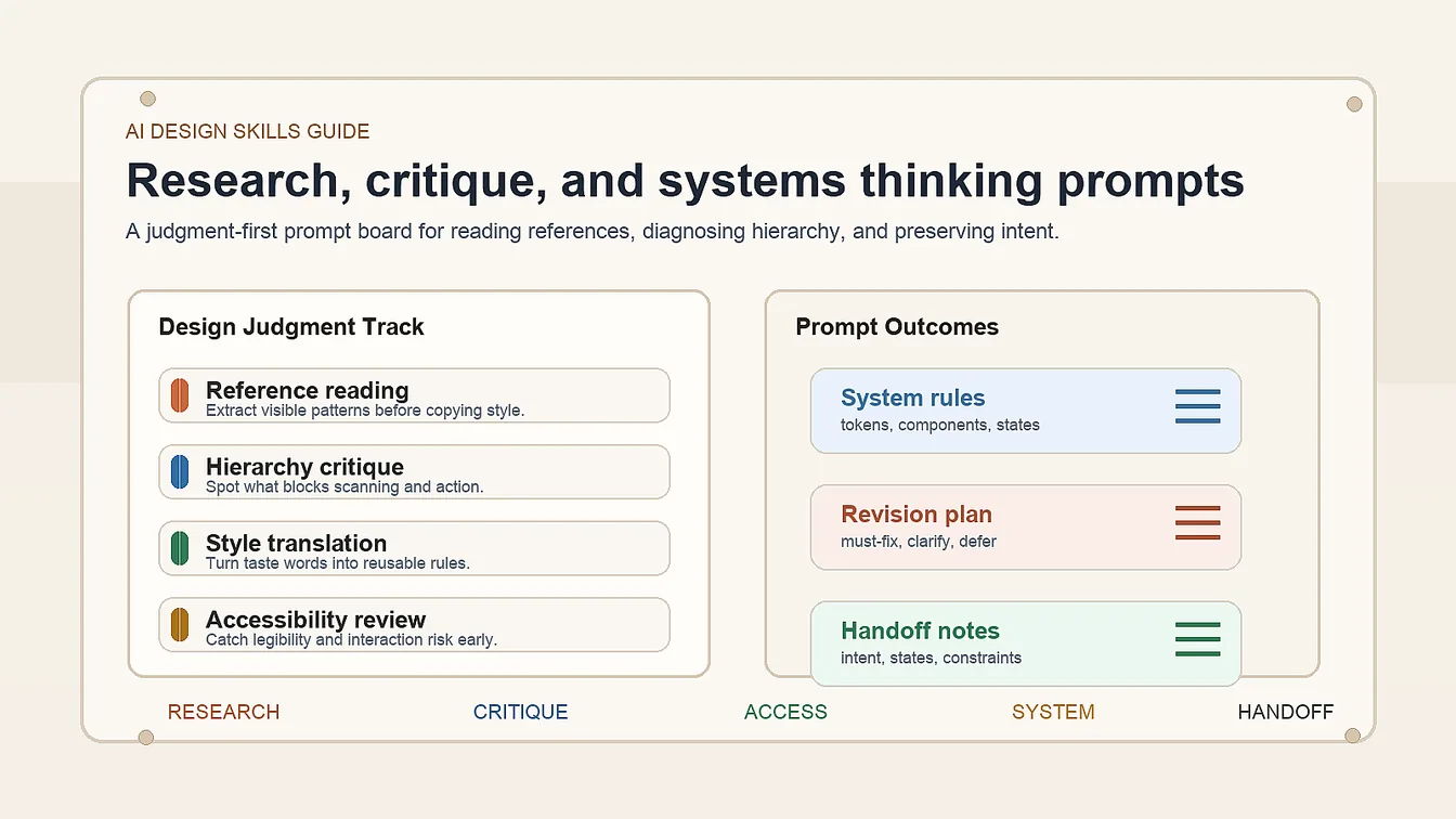 AI design skills guide board with research, hierarchy critique, system rules, accessibility review, and handoff notes