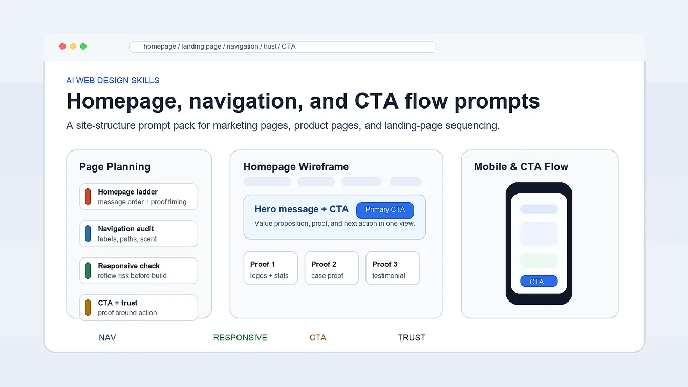AI web design skills browser layout with homepage structure, navigation paths, responsive sections, CTA flow, and trust cues
