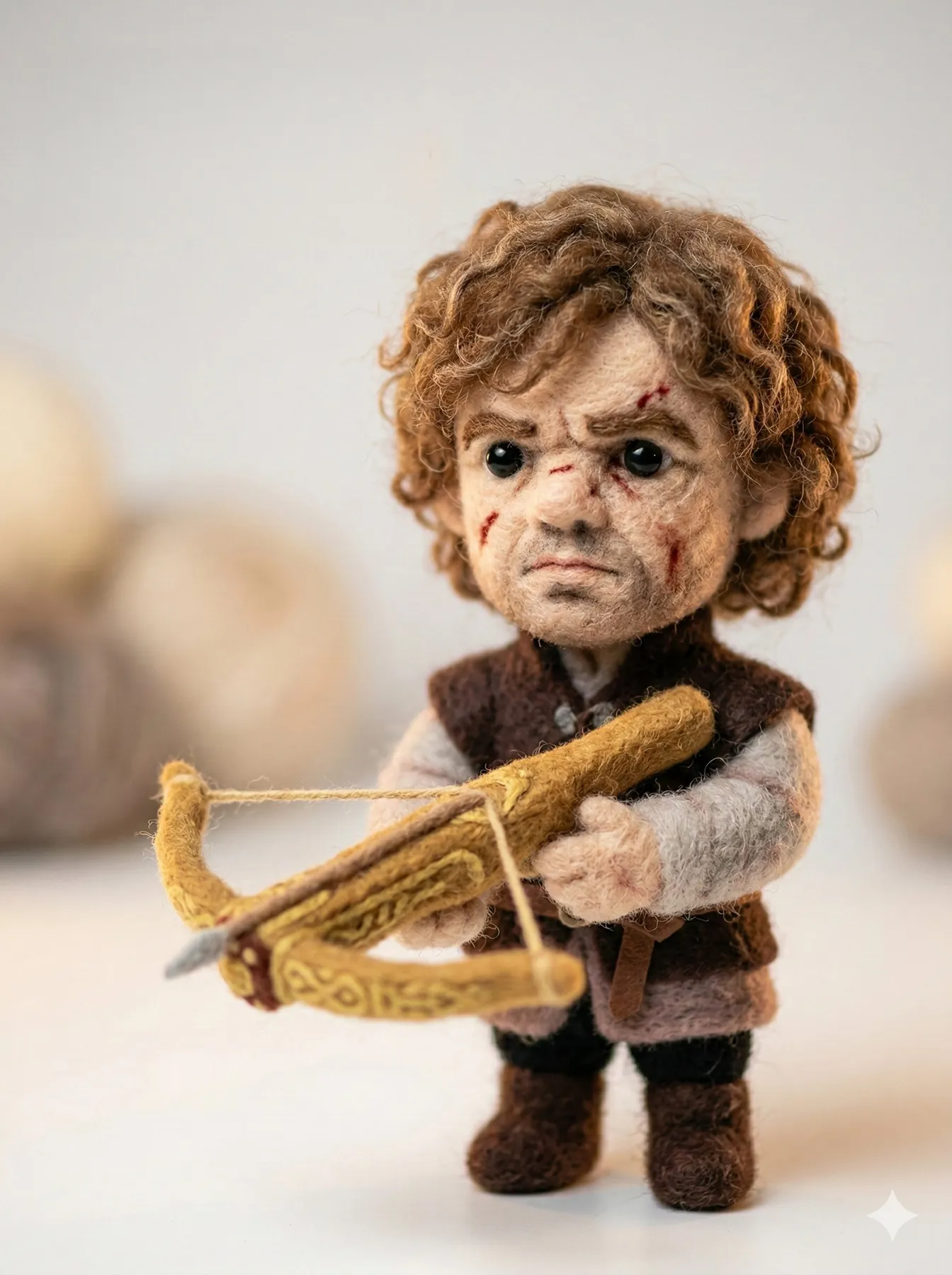Needle-felted wool miniature portrait with handcrafted fibers, stitched clothing, and soft macro-photo lighting