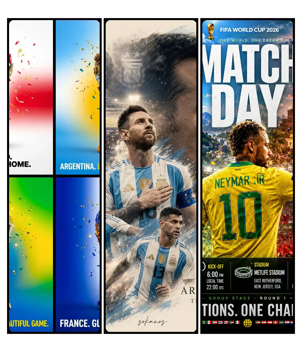 Three-panel World Cup prompt pack hero showing trophy ad variations, a national-team poster, and a match-day graphic