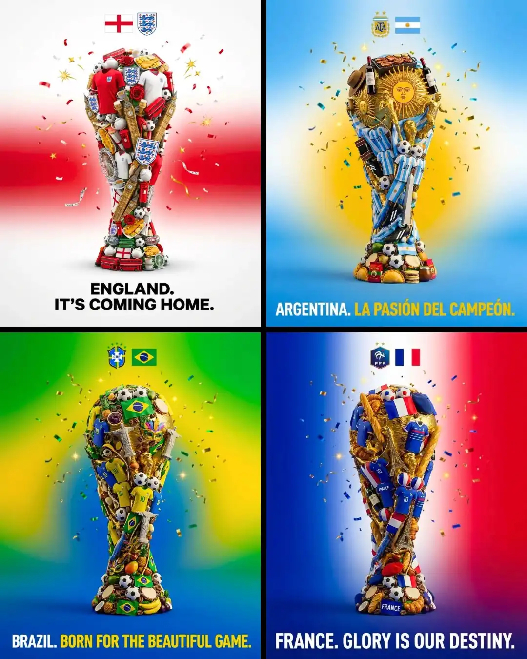 Four-country World Cup trophy ad grid with England, Argentina, Brazil, and France variations built from national football symbols