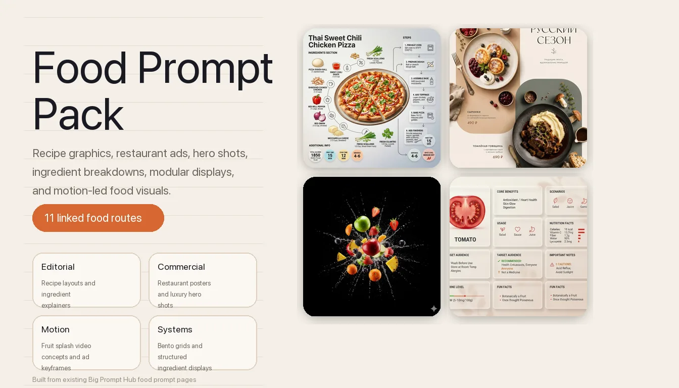 Food Prompt Pack: Photography, Ads, Recipe Graphics, and Video Routes